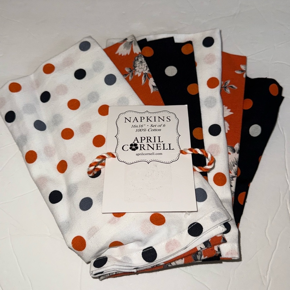 April Cornell Set of 6 Napkins 16x16” Polka Dots Floral White Black Orange Gray